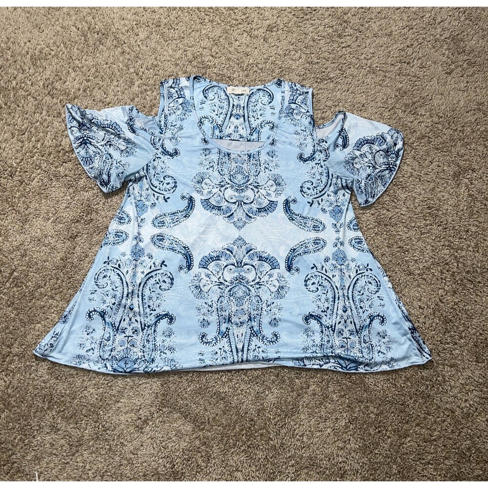 Blue Mood Womens Cold Shoulder Paisley Blouse Stretch Short Sleeve Blue Sz M